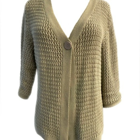 Sweaters - Kate Hill large petite Sage/Taupe One Button 3/4 Sleeve Crochet Cardigan